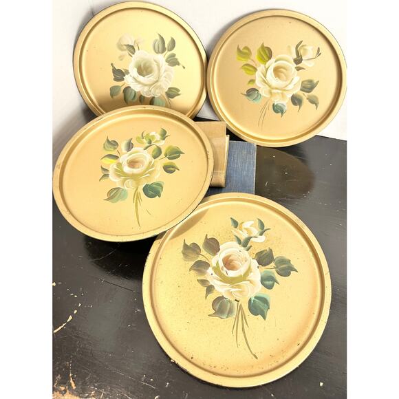 Gold Floral NASHCO Vintage Metal Tray Set Hand painted vintage New York - Picture 4 of 9